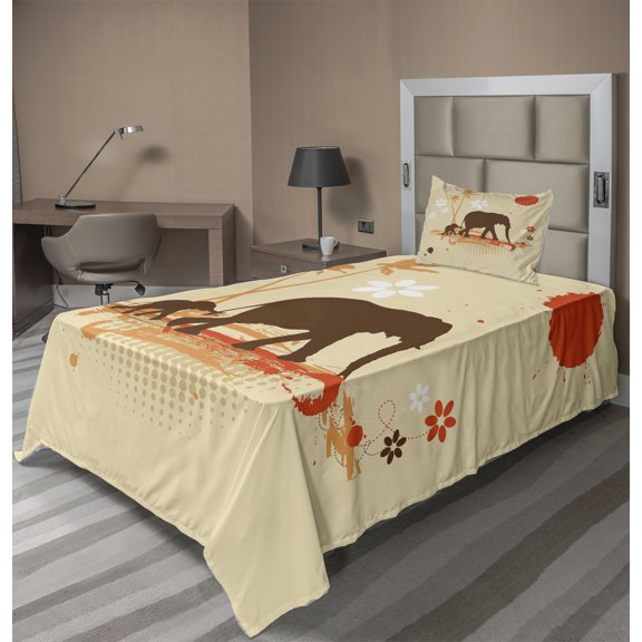 Ambesonne Animal Fitted & Top Sheet Set with Sham, Savannah Tropical Lands Art, Orange Brown and Cream