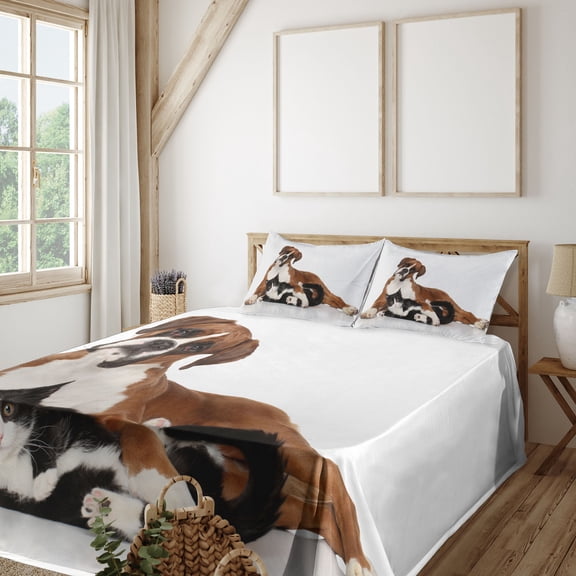 Ambesonne Animal Fitted & Top Sheet Set with Shams, Cat Dog Friends Portrait, Brown Black White