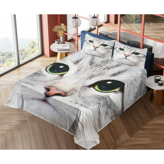 Ambesonne Animal Fitted & Top Sheet Set with Shams, Domestic Kitty Portrait, Multicolor