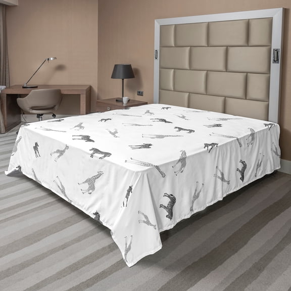 Ambesonne Animal Flat Sheet, Adult Zebra Giraffe and Cubs, Queen Size, Grey and White