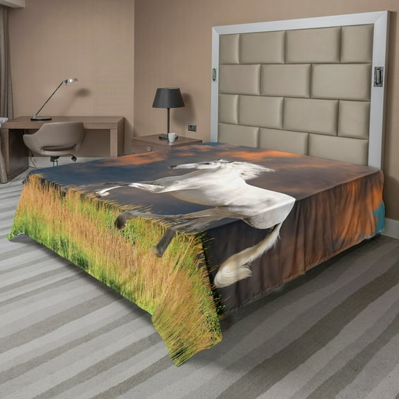 Ambesonne Animal Flat Sheet, Andalusian Horse Dusk, Queen Size, White Orange Green