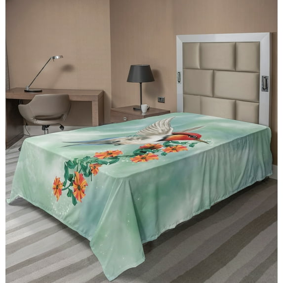Ambesonne Animal Flat Sheet, Bird with Flower Branch, TwinXL Size, Orange Green