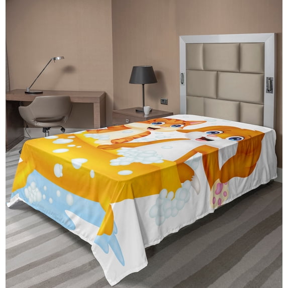 Ambesonne Animal Flat Sheet, Cartoon Cat and Dog Bath, Twin Size, Yellow Brown Blue