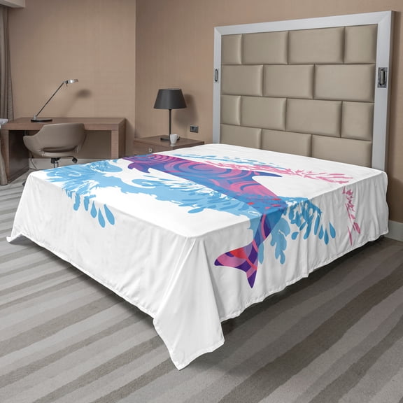 Ambesonne Animal Flat Sheet, Cartoon Jumping Dolphin, Queen Size, Blue Purple Pink