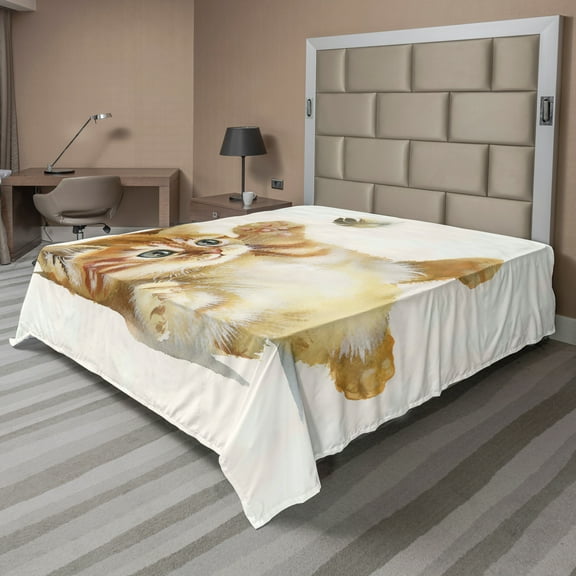 Ambesonne Animal Flat Sheet, Cat Playing with Feather, Queen Size, Apricot Cream White