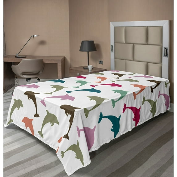 Ambesonne Animal Flat Sheet, Colorful Dolphins Art, TwinXL Size, Multicolor