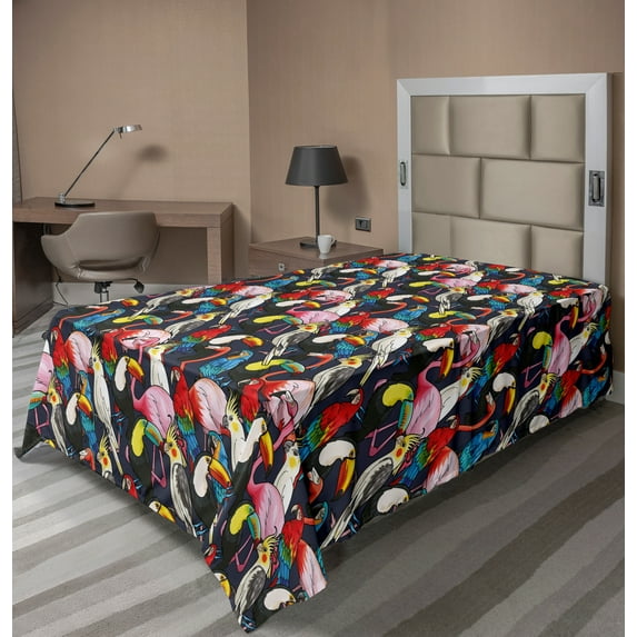 Ambesonne Animal Flat Sheet, Colorful Exotic Birds, TwinXL Size, Multicolor