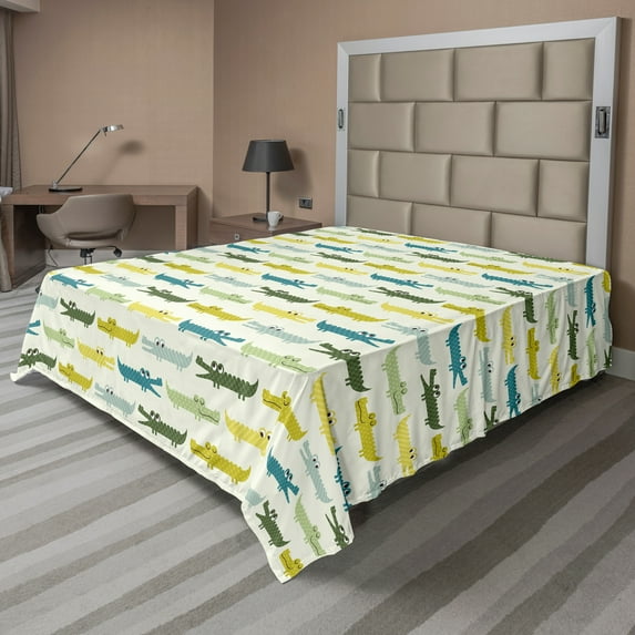 Ambesonne Animal Flat Sheet, Crocodile Funny Faces, California King, Yellow Green Teal