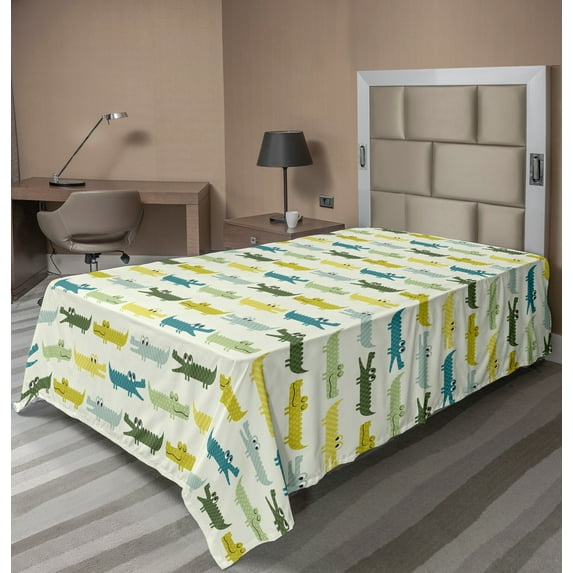Ambesonne Animal Flat Sheet, Crocodile Funny Faces, TwinXL Size, Yellow Green Teal