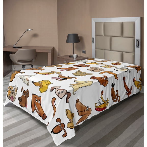 Ambesonne Animal Flat Sheet, Dog Heads Puppy Canin, Twin Size, White Yellow Chocolate