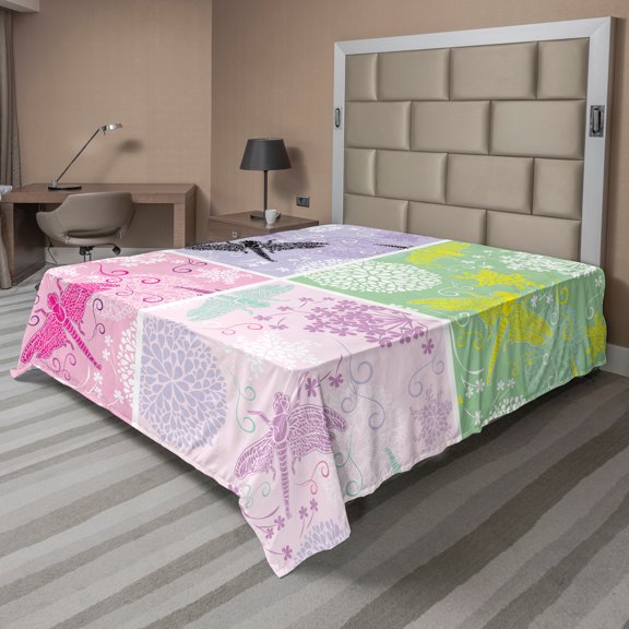 Ambesonne Animal Flat Sheet, Dragonflies Dandelion, Full Size, Multicolor