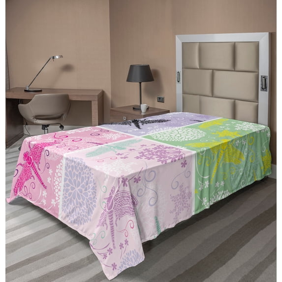 Ambesonne Animal Flat Sheet, Dragonflies Dandelion, Twin Size, Multicolor