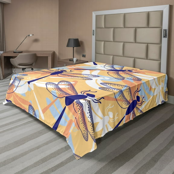 Ambesonne Animal Flat Sheet, Dragonfly Pattern Boho, Queen Size, Multicolor