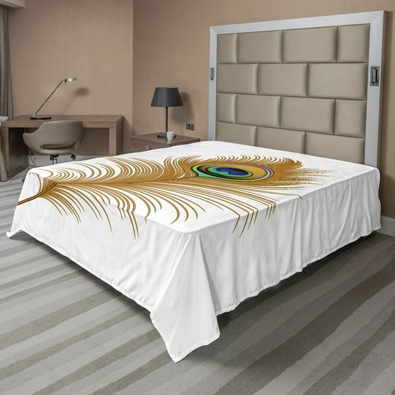 Ambesonne Animal Flat Sheet, Exotic Peacock Wild Bird, Full Size, Mustard Green Navy