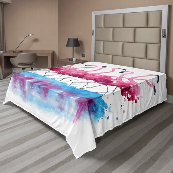 Ambesonne Animal Flat Sheet, Flamingo and Bird, California King, Pink Blue Purple