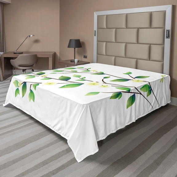 Ambesonne Animal Flat Sheet, Flower and Dragonflies, Queen Size, Green White