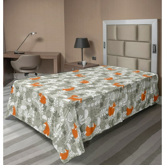 Ambesonne Animal Flat Sheet, Fox in the Winter Forest, TwinXL Size, Pale Sage Green Orange