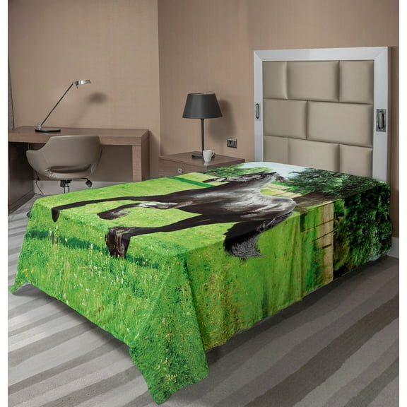 Ambesonne Animal Flat Sheet, Friesian Horse, TwinXL Size, Black Green