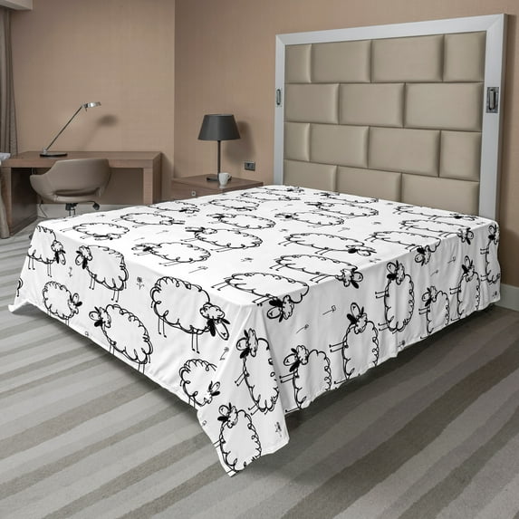 Ambesonne Animal Flat Sheet, Funny Sheeps on a Meadow, King Size, Black White