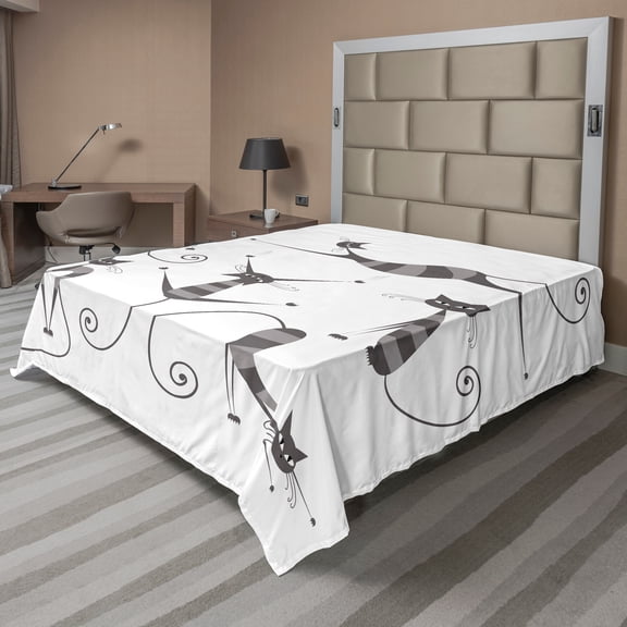 Ambesonne Animal Flat Sheet, Funny Skinny Striped Cat, Full Size, Dimgray