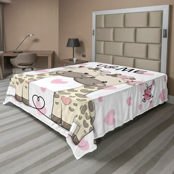 Ambesonne Animal Flat Sheet, Giraffes and Hearts, Queen Size, White Grey Pink
