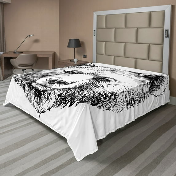 Ambesonne Animal Flat Sheet, Grizzly Bear Ink Sketch, Queen Size, Black White