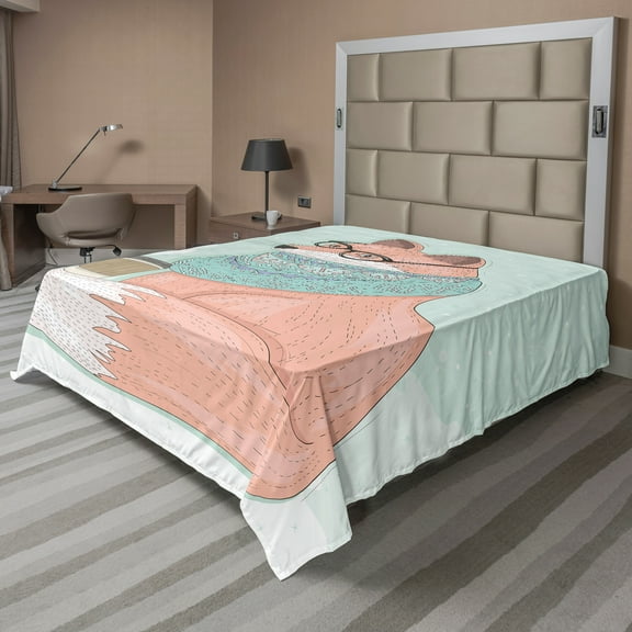Ambesonne Animal Flat Sheet, Hipster Fox Glasses, Full Size, Coral Mint Green
