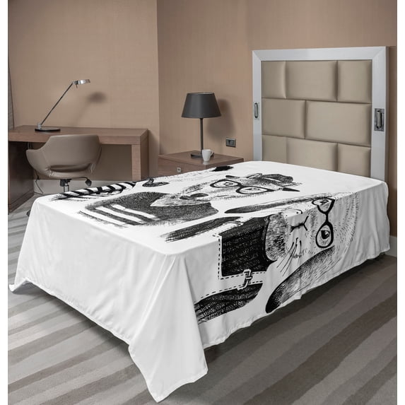 Ambesonne Animal Flat Sheet, Hipster Panda Cigar Fox, TwinXL Size, Black Grey White