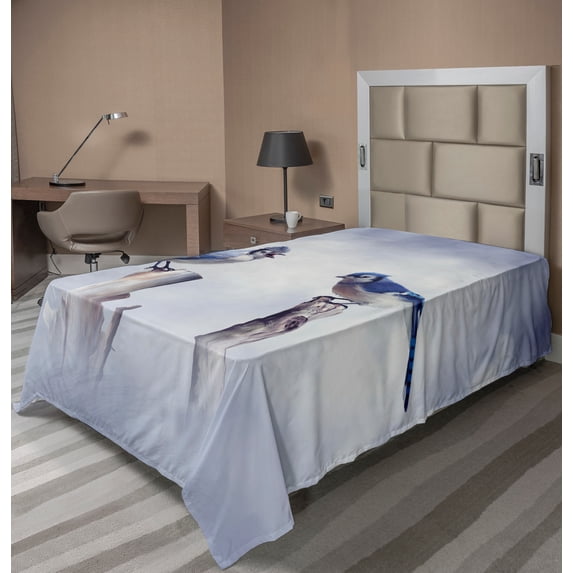 Ambesonne Animal Flat Sheet, Jay Birds Perching on Log, TwinXL Size, Pale Purpleblue and Sea Blue