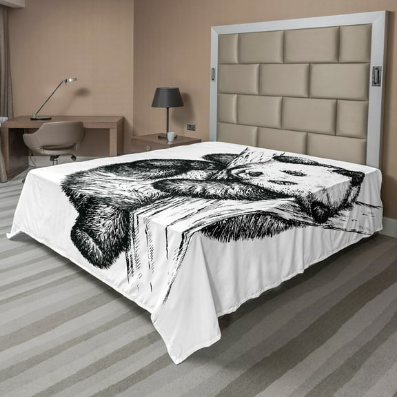 Ambesonne Animal Flat Sheet, Little Panda Bear, California King, Black and White