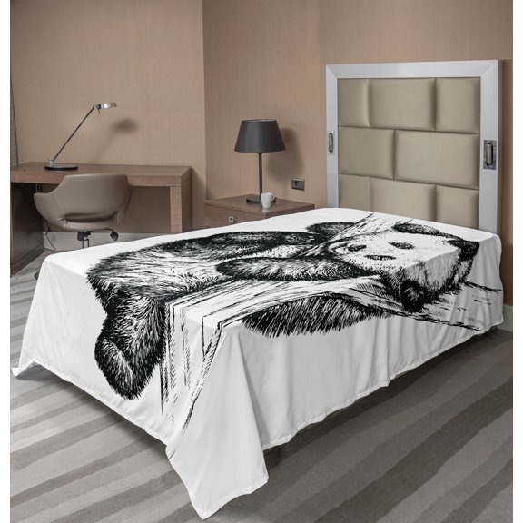 Ambesonne Animal Flat Sheet, Little Panda Bear, TwinXL Size, Black and White
