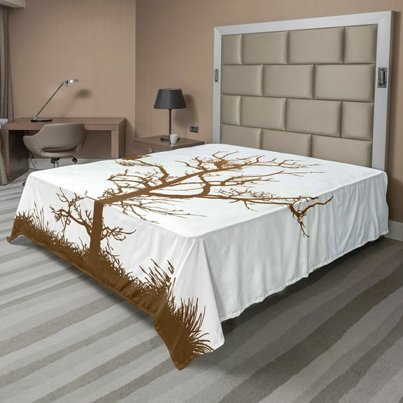 Ambesonne Animal Flat Sheet, Owl Autumn Tree Branch, Queen Size, Chocolate Pale Blue