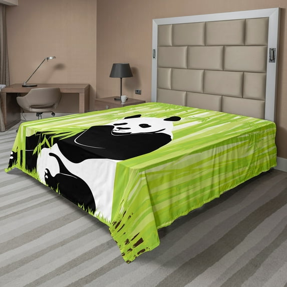 Ambesonne Animal Flat Sheet, Panda in Wild Exotic Forest, Full Size, White Black Lime
