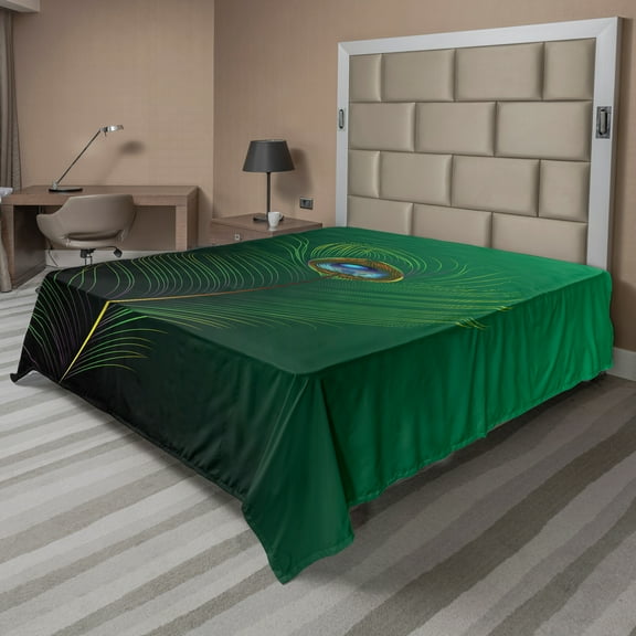 Ambesonne Animal Flat Sheet, Peacock Bird Plumes, California King, Green Blue