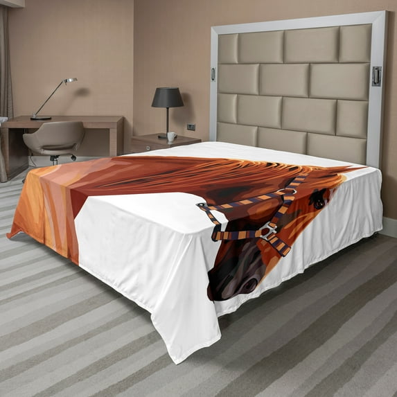 Ambesonne Animal Flat Sheet, Race Jokey Horse Nature, Queen Size, White and Cinnamon
