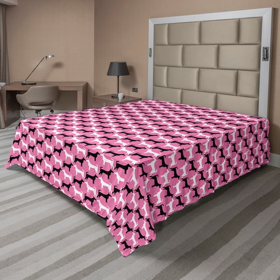 Ambesonne Animal Flat Sheet, Romantic Couple Dogs Kissing, California King, Pink Charcoal Grey