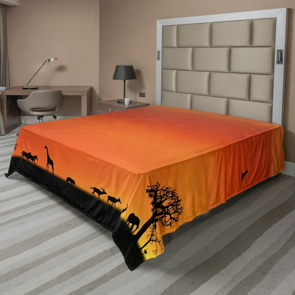Ambesonne Animal Flat Sheet, Savannah Sunset with Gull, Queen Size, Burnt Orange and Black