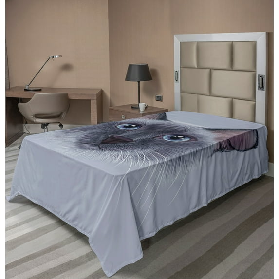 Ambesonne Animal Flat Sheet, Siamese Cat Portrait, TwinXL Size, White Sky Blue and Grey