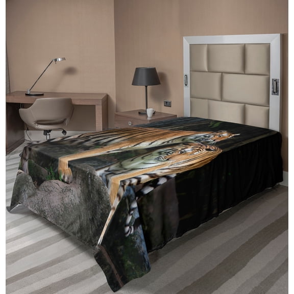 Ambesonne Animal Flat Sheet, Tiger Couple in Jungle, Twin Size, Grey and Ginger