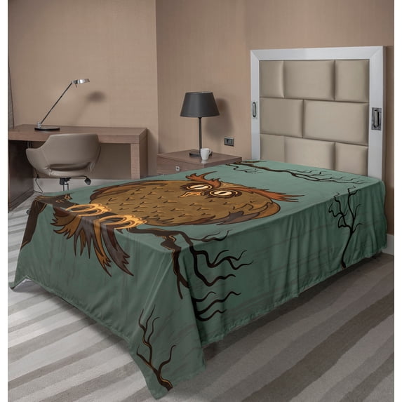 Ambesonne Animal Flat Sheet, Tired Owl on Oak Tree, Twin Size, Blue Brown