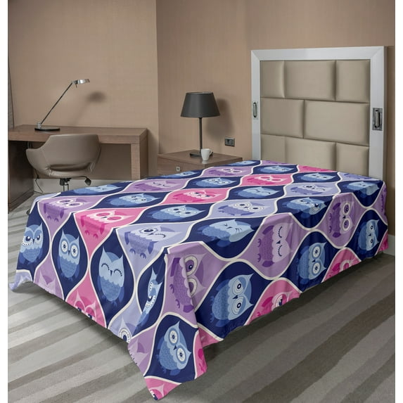 Ambesonne Animal Flat Sheet, Vertical Sleeping Owls, Twin Size, Pink Purple Blue