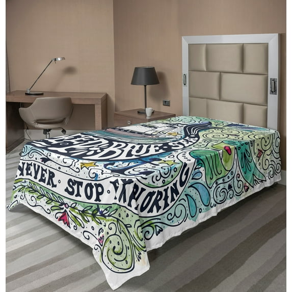 Ambesonne Animal Flat Sheet, Whales Island with Palm, TwinXL Size, Blue Pink and Green