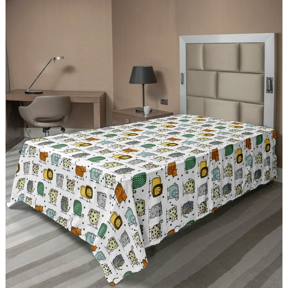 Ambesonne Animal Flat Sheet, Whimsical Layout Elements, TwinXL Size, Multicolor