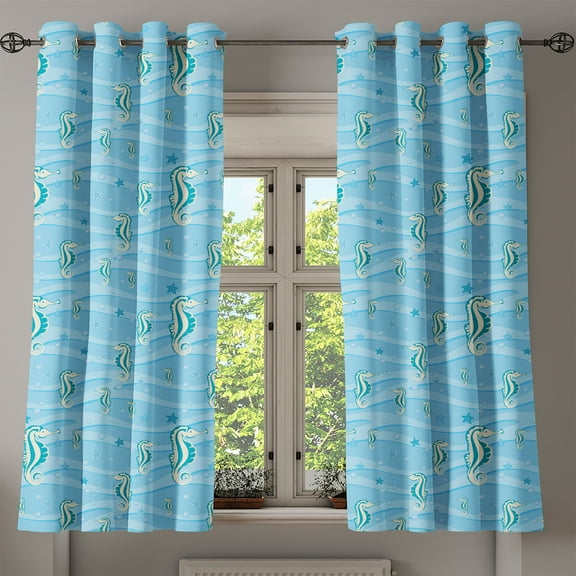 Ambesonne Animal Grommet Curtain, Cartoon Seahorses, 50" x 54", Blue