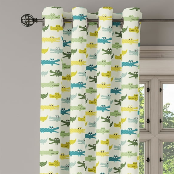 Ambesonne Animal Grommet Curtain Single Panel, Crocodile Funny Faces, 50"x60", Yellow Green Teal
