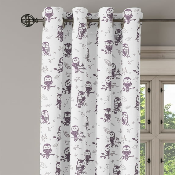 Ambesonne Animal Grommet Curtain Single Panel, Owls on the Branch, 50"x60", Eggplant and White