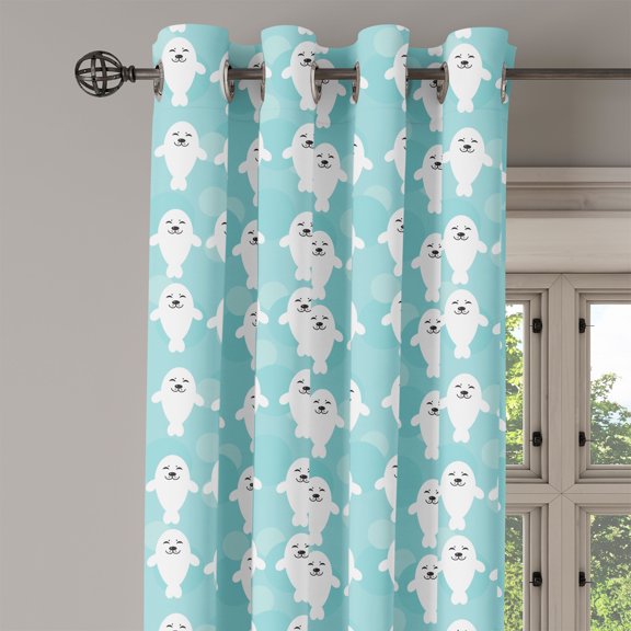 Ambesonne Animal Grommet Curtain Single Panel, White Seals Ocean, 50"x60", Turquoise Pale Blue