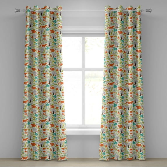 Ambesonne Animal Grommet Curtain, Wild Fox Wolf Flower, 50" x 84", Orange Green and Blue