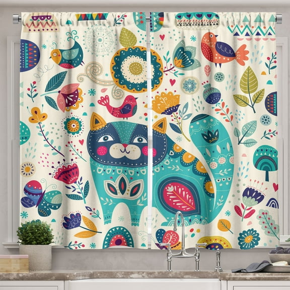 Ambesonne Animal Kitchen Curtains, Cat with Birds, 55"x30", Multicolor