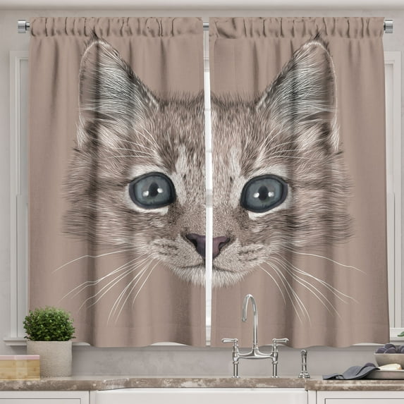 Ambesonne Animal Kitchen Curtains, Domestic Cat Face, 55"x45", Bluegrey Umber Brown